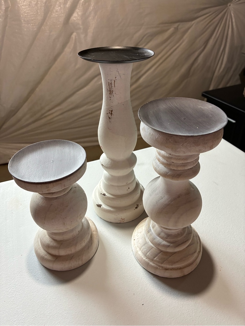 Hobby Lobby Distressed White Wood Candle Holders Trio EUC!